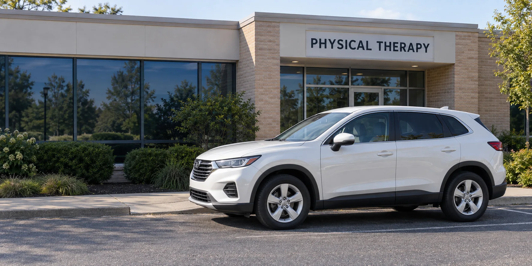 A clean passenger vehicle outside an outpatient physical therapy clinic
